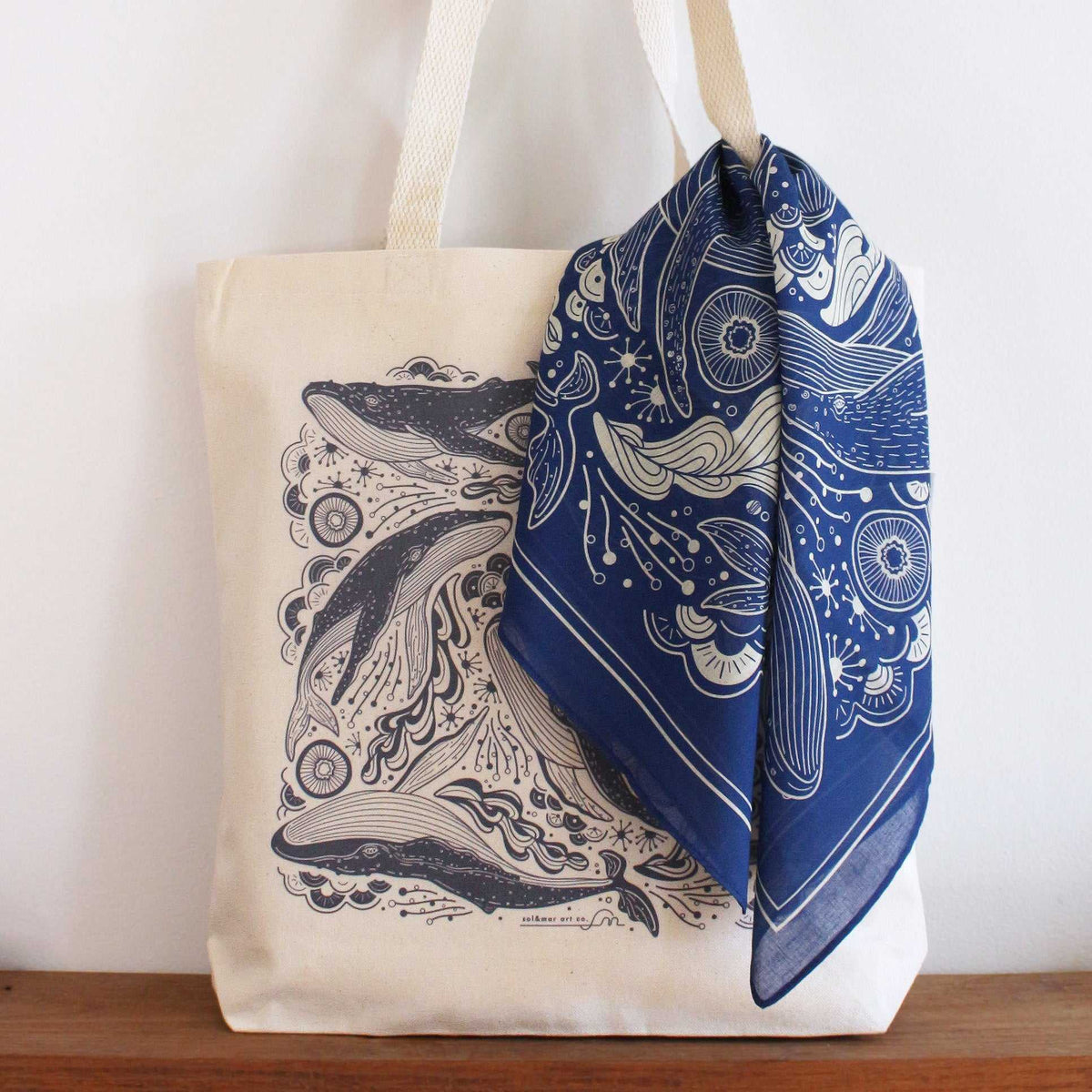 Whale tote bag + Bandana Gift set (Navy) Tote bag