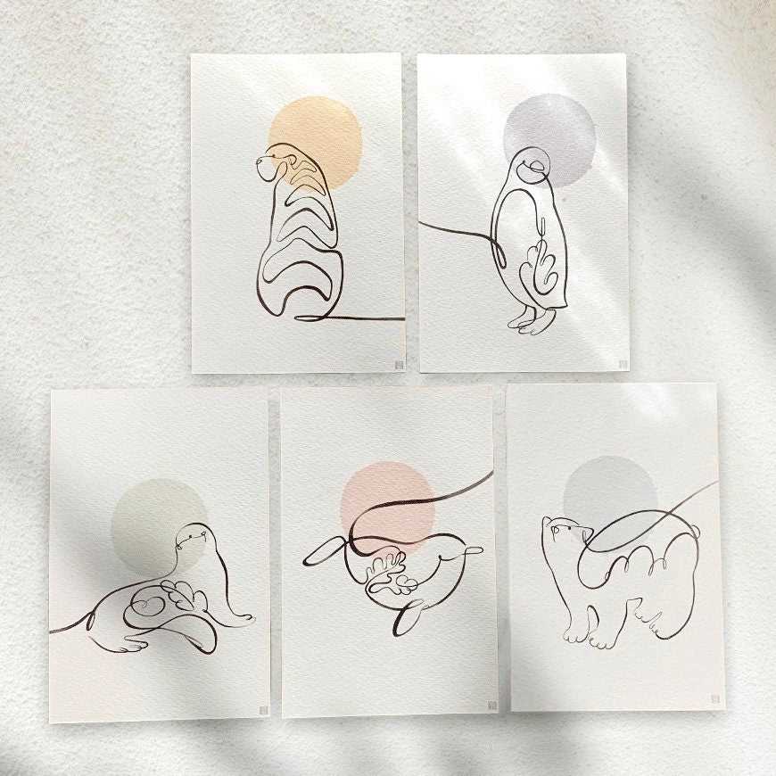 Set of 5 Animal One Line Art Print Postcard Post Cards