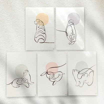 Set of 5 Animal One Line Art Print Postcard Post Cards