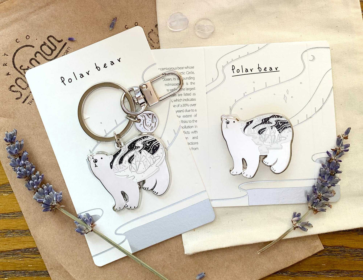 Polar Bear Enamel Keychain+ Pin Set Keychains