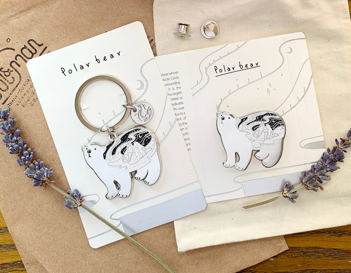 Polar Bear Enamel Keychain+ Pin Set Keychains